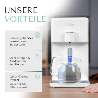 AURA | Auftisch-Umkehrosmoseanlage mit Wasserstoff-Ionisator und Heißwasserfunktion | Mit Festwasseranschluss | Weiß und Schwarz AURA | Auftisch-Umkehrosmoseanlage mit Wasserstoff-Ionisator und Heißwasserfunktion | Mit Festwasseranschluss | Weiß und Schwarz