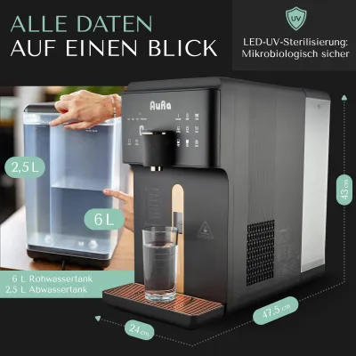 AURA | Auftisch-Umkehrosmoseanlage mit Wasserstoff-Ionisator und Heißwasserfunktion | Mit Festwasseranschluss | Weiß und Schwarz