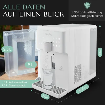 AURA | Auftisch-Umkehrosmoseanlage mit Wasserstoff-Ionisator und Heißwasserfunktion | Mit Festwasseranschluss | Weiß und Schwarz AURA | Auftisch-Umkehrosmoseanlage mit Wasserstoff-Ionisator und Heißwasserfunktion | Mit Festwasseranschluss | Weiß und Schwarz