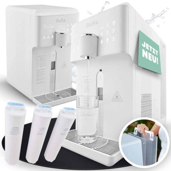 AURA W23 – impianto a osmosi inversa da appoggio con ionizzatore a idrogeno e funzione acqua calda, bianco e nero