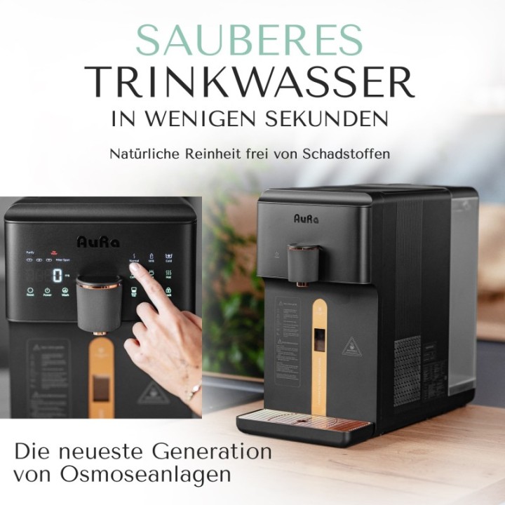 AURA| Auftisch-Umkehrosmoseanlage mit Wasserstoff-Ionisator und Heißwasserfunktion ohne Festwasseranschluss Weiß und Schwarz W23