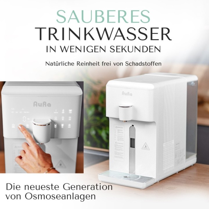 AURA| Auftisch-Umkehrosmoseanlage mit Wasserstoff-Ionisator und Heißwasserfunktion ohne Festwasseranschluss Weiß und Schwarz W23