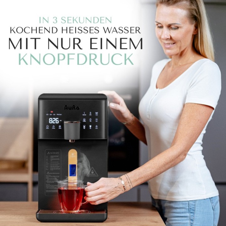 AURA W23 – impianto a osmosi inversa da appoggio con ionizzatore a idrogeno e funzione acqua calda, bianco e nero