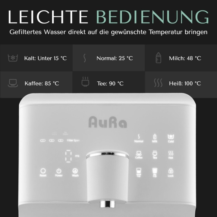 AURA W23 – impianto a osmosi inversa da appoggio con ionizzatore a idrogeno e funzione acqua calda, bianco e nero