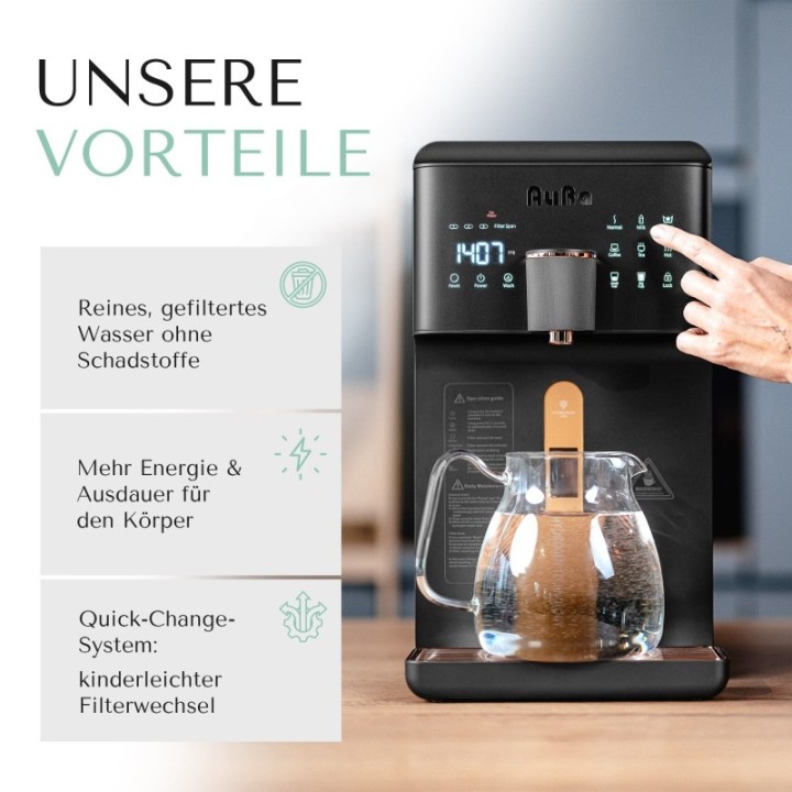 AURA| Auftisch-Umkehrosmoseanlage mit Wasserstoff-Ionisator und Heißwasserfunktion | ohne Festwasseranschluss | Weiß und Schwarz